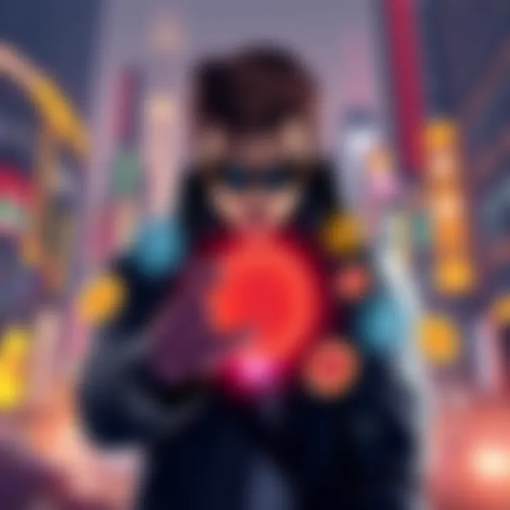 A digital illustration showing a spy wearing sunglasses, manipulating Bitcoin symbols on a holographic display amidst a futuristic city background.