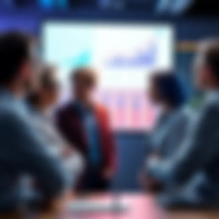 A group of professionals discussing strategies with charts and graphs on a screen, indicating growth and success for SRB.