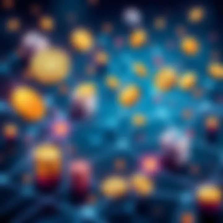 A digital illustration showing stablecoins represented by various coins floating above a network of financial services like trading and lending, symbolizing their importance in DeFi.