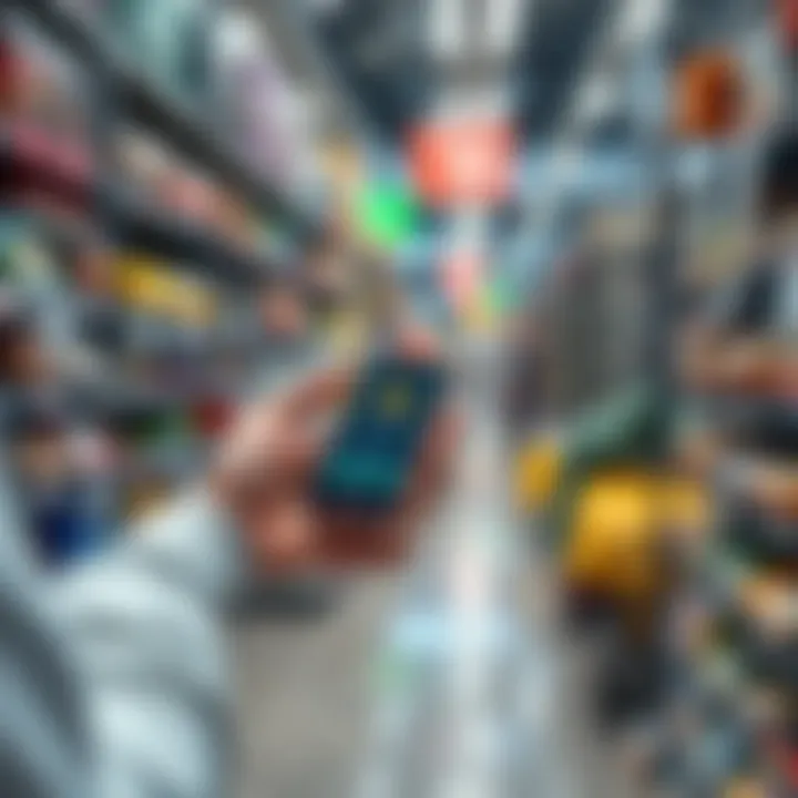 Stablecoins as Payment A person using a smartphone to make a payment with stablecoins in a store, with items visible in the background.