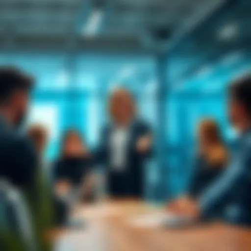 Staci motivates her team during a meeting, showcasing her leadership skills in a vibrant office space