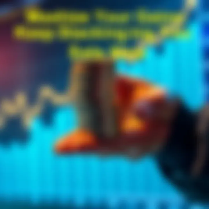A person holding a stack of cryptocurrency coins with a graph showing rising potential profits in the background