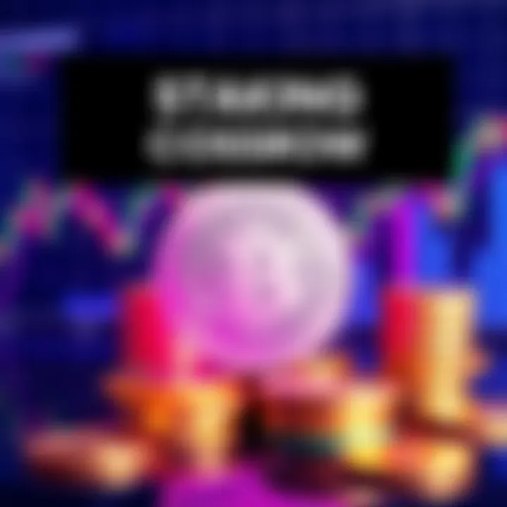 Staking Cosmos Overview A graphic showing staking rewards for Cosmos with coins and a chart background