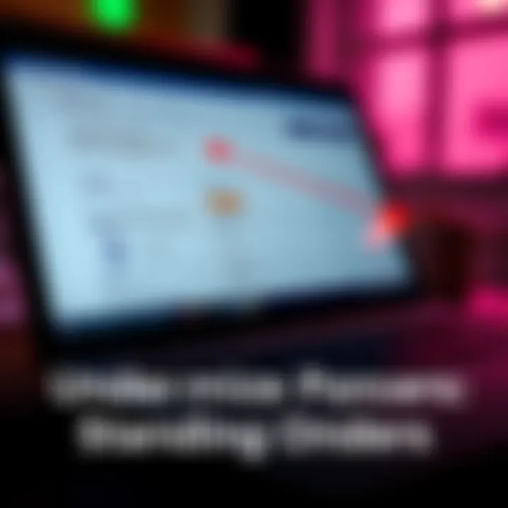 Understanding Standing Orders A close-up of a laptop screen showing bank account details with standing orders for bills and mortgage payments highlighted.