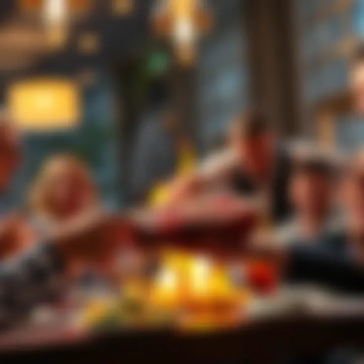 A person buying a perfect square of steak at a dinner table with friends.