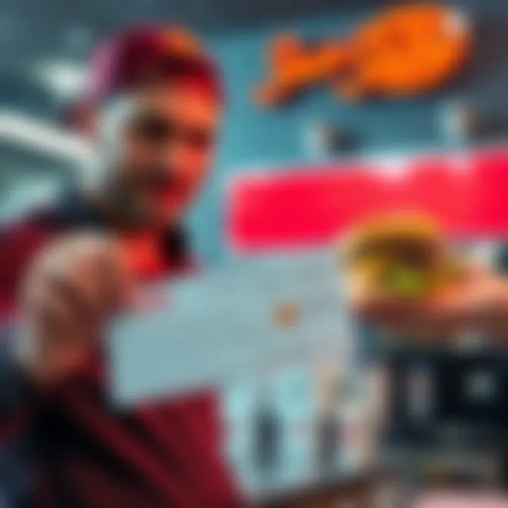 Steak 'n Shake Bitcoin Pay Strategy A Steak 'n Shake employee receiving a paycheck with Bitcoin symbol on it while serving a burger.