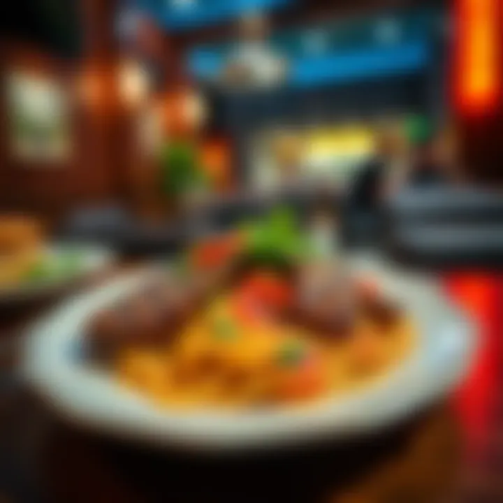A delicious steak and spaghetti dish served on a plate with vibrant colors and garnishes, showcasing an $8 meal in a cozy restaurant setting in China.