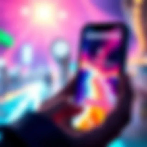 A vibrant view of a user interacting with a Stellar-based application on a smartphone, showcasing low fees and fast transactions.