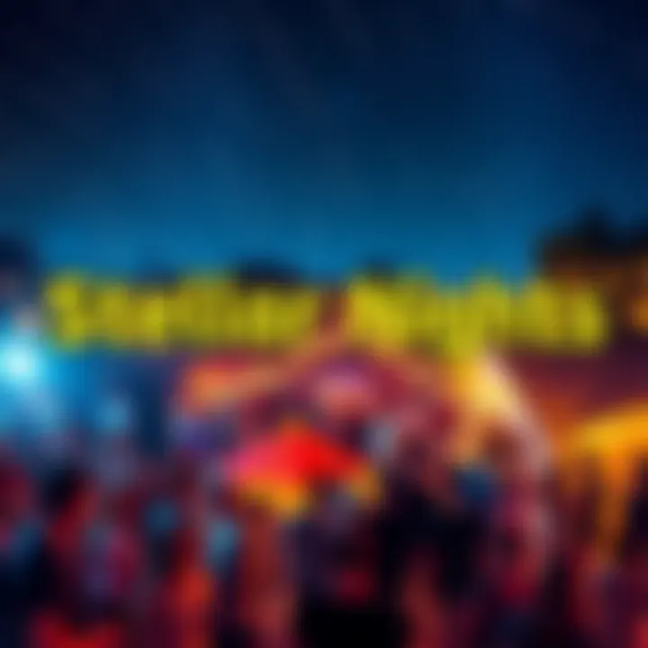 A vibrant community gathering under a starlit sky, with people enjoying activities and sharing ideas. Bright lights and enthusiasm fill the scene.