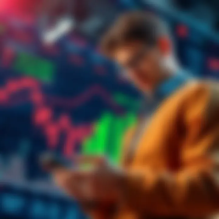A downward trend graph showing stock prices declining with a concerned investor looking at their phone
