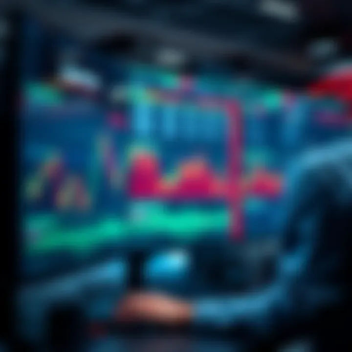 A trader analyzing stock futures on a computer screen with finance charts and graphs in the background.