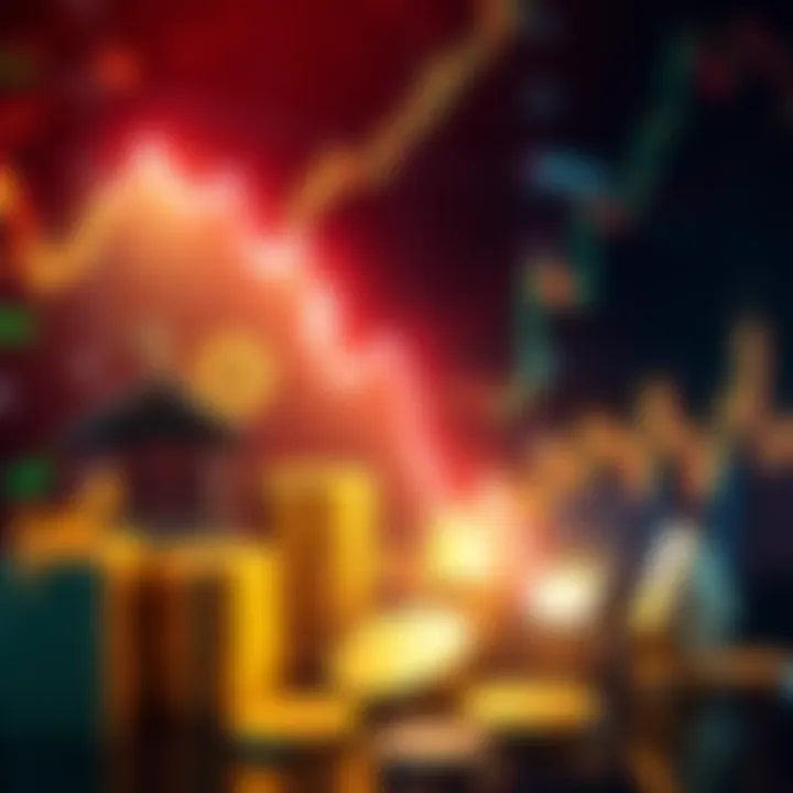 A graphic showing a downward trend in stocks and cryptocurrencies, with symbols of traditional assets like gold and real estate