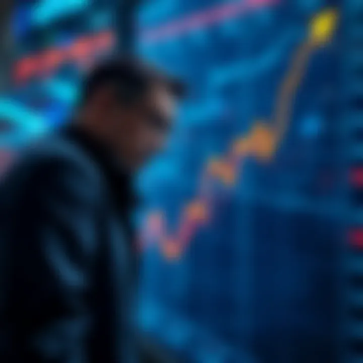 A downward trend graph illustrating market decline with a worried investor looking on