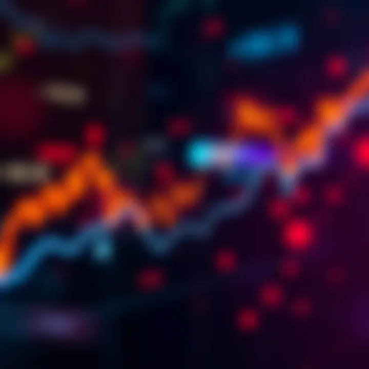 A line graph showing fluctuating stock prices with arrows indicating ups and downs