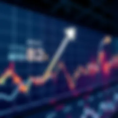 A chart showing upward trends in stock market prices with an arrow pointing towards a target of 82k.