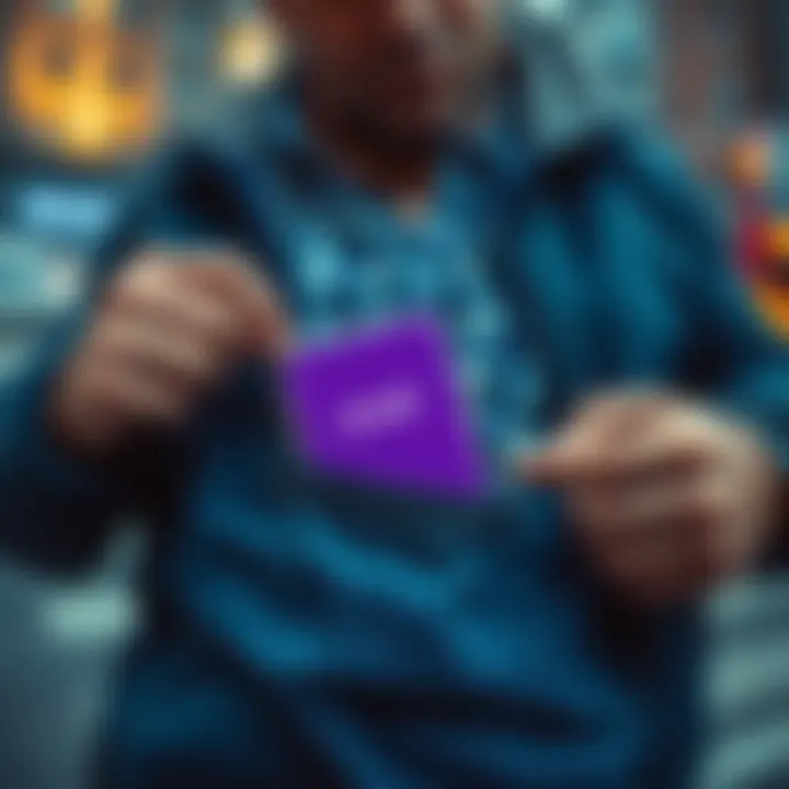 A worried person holding their empty pocket where a phone used for Revolut was, with a blurred city background.