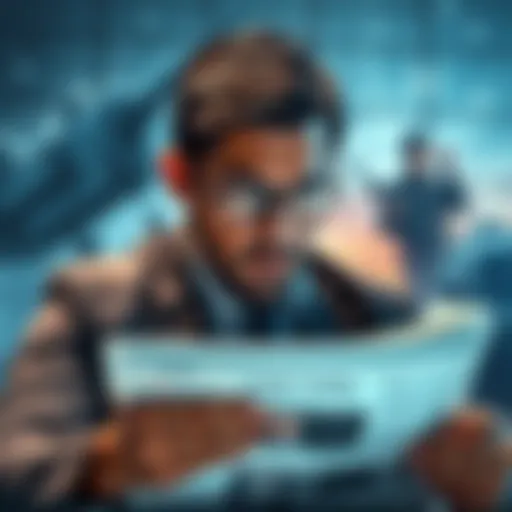 A businessman looking worried while reading financial news on a laptop with military images in the background