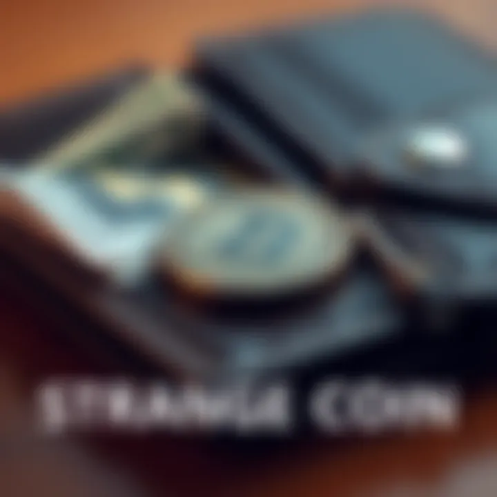 A close-up of a unique coin lying in an open wallet with some cash and cards visible.
