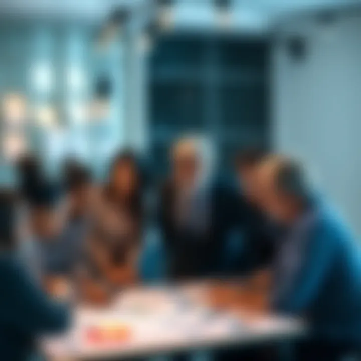 A group of diverse professionals discussing strategies around a table with charts and graphs in front of them.