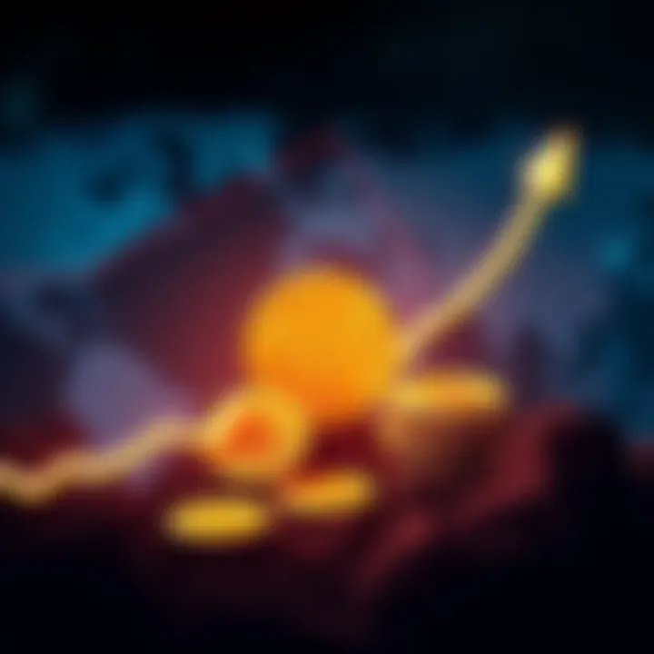 Graphic showing an upward trend with Bitcoin symbols and geopolitical map background