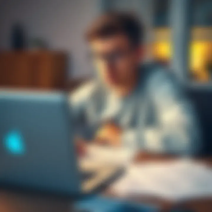 A concerned student looks at their laptop with a worried expression as they try to resolve their banking issues with Revolut, with papers spread out on the table showing documentation.