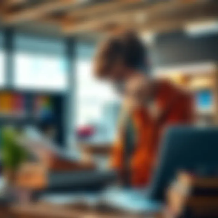 A university student studying finance with books and a laptop, looking for research gaps in Decentralized Finance.