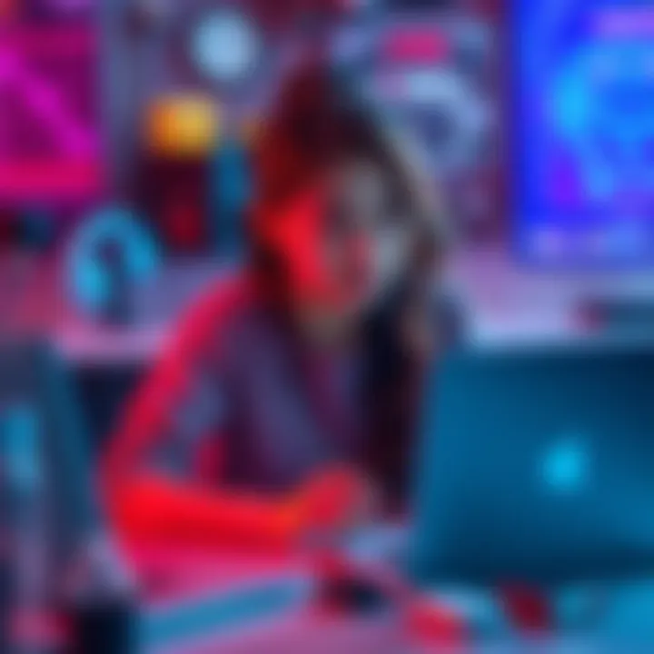 Student Seeking Team for Hackathon A young woman with a laptop looking for teammates for an AI hackathon, surrounded by tech-related items.