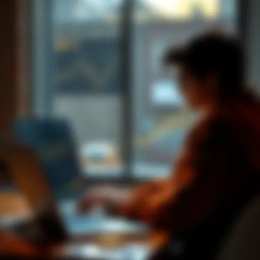 A student looking at a Bitcoin chart on a laptop, contemplating investment options with a small budget.