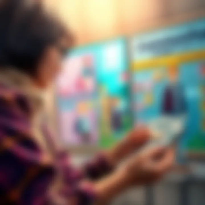 A college student counting coins with a calculator while looking at a community board for local activities