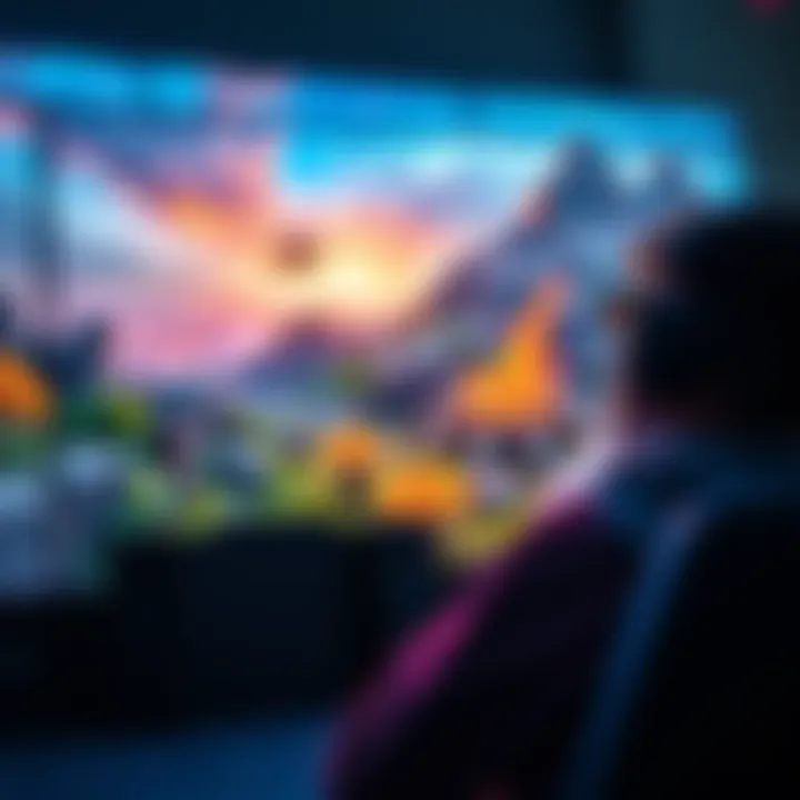 A player is captivated by vibrant game graphics on a large screen, showcasing detailed landscapes and characters that enhance gaming enjoyment.