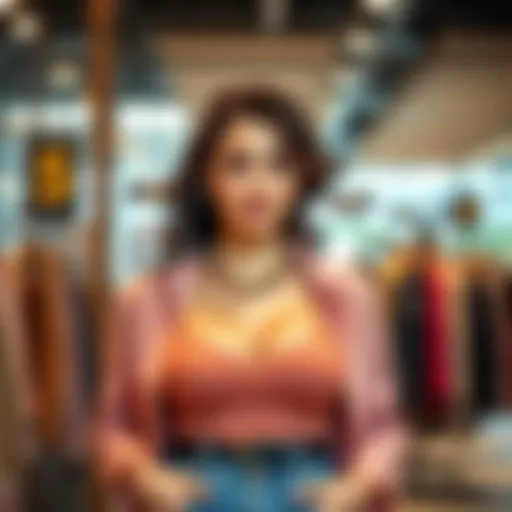 A woman wearing a fashionable outfit designed for fuller busts, showcasing confidence and style.