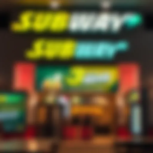 Subway Promotion Announcement A Subway restaurant showing a colorful banner advertising 3 Atlas Bucks for every dollar spent, capturing the excitement of customers inside.
