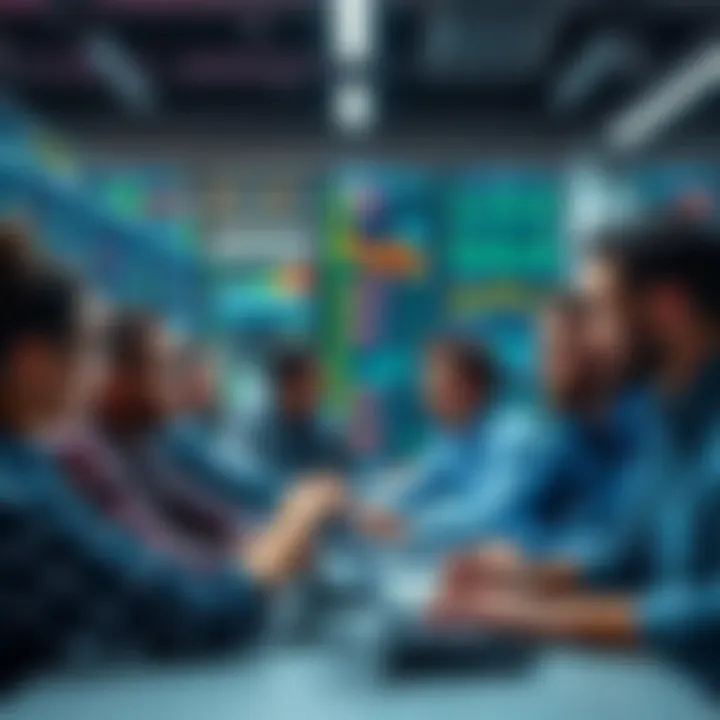A group of diverse people engaged in trading cryptocurrency, analyzing charts on screens, and discussing strategies in a modern office setting.