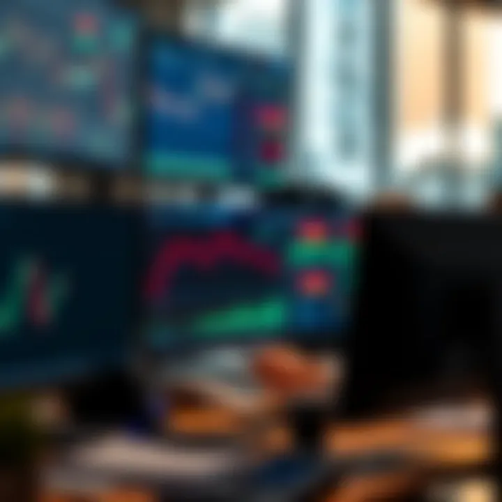 A focused trader analyzing financial charts and data on multiple screens in a modern office setup.