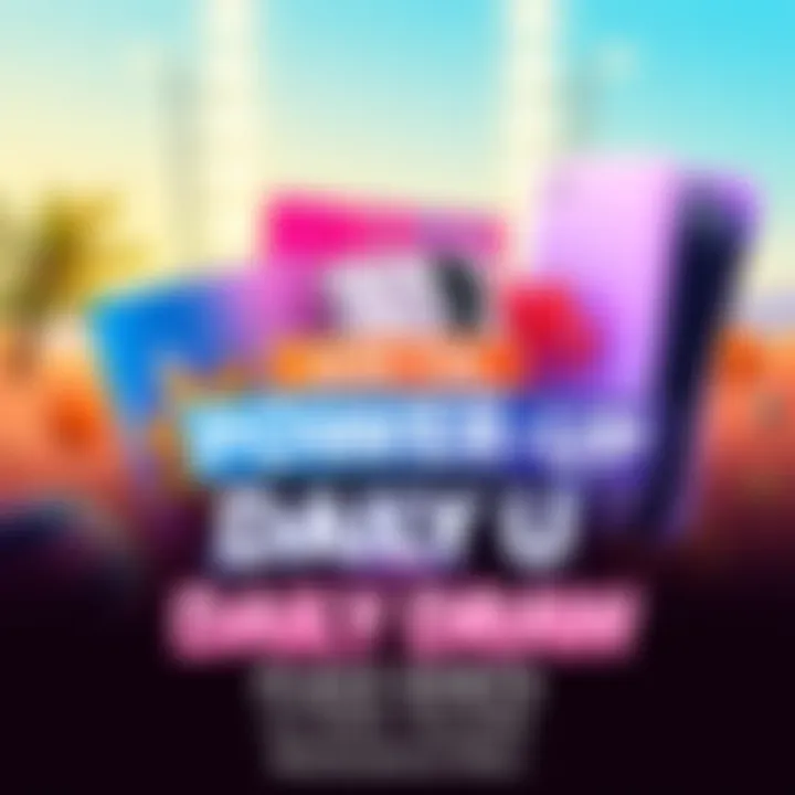 A vibrant graphic showing prizes like AirPods Max and PS5 along with a banner for the Summer Power-Up Daily Draw event