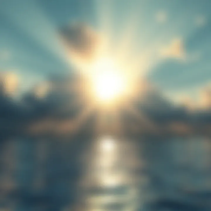 Bright sunbeams shining through clouds, reflecting beautifully on the water's surface.