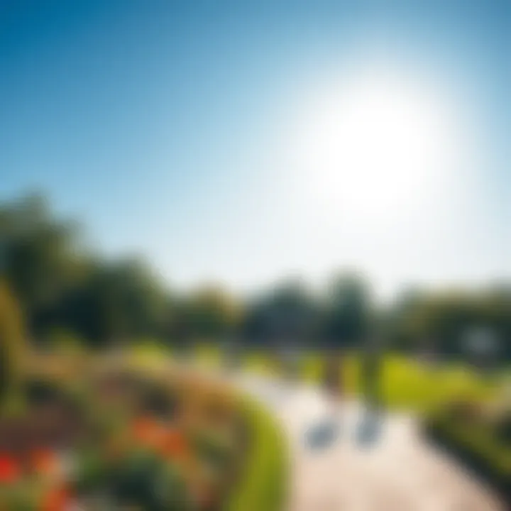 A bright park scene with people enjoying the sunshine, flowers blooming, and a clear blue sky.