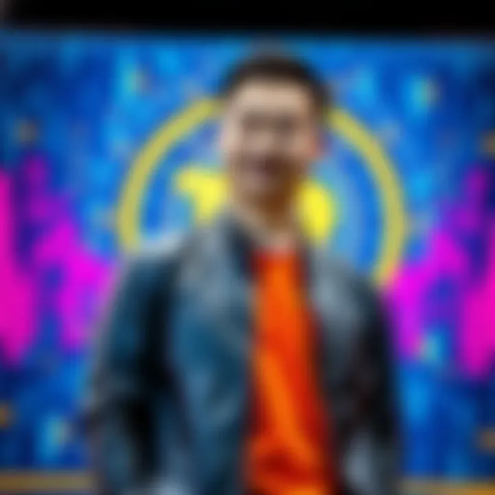 Sunny Lu launching VeChain Sunny Lu stands confidently in front of a digital backdrop, symbolizing his new blockchain venture VeChain after losing 100 Bitcoin to a scam.