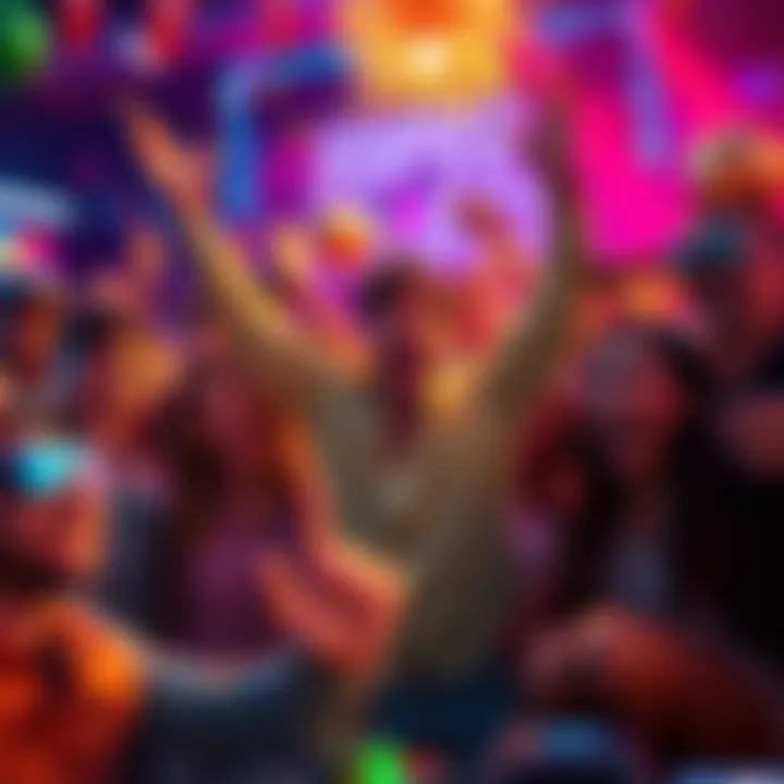 People celebrating the upcoming Super Boost launch with joy and enthusiasm, surrounded by colorful decorations and gaming elements.