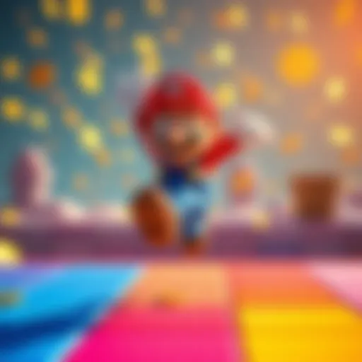 Super F Mario character jumping on a colorful platform with coins in the background
