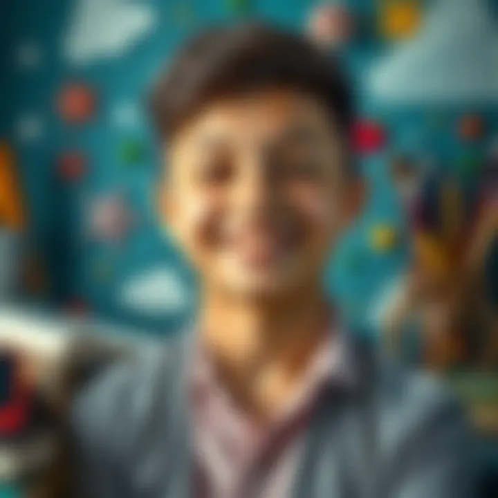 A 16-year-old boy from Bulgaria smiling with hopeful expression, surrounded by symbols of dreams and aspirations such as books and art supplies.