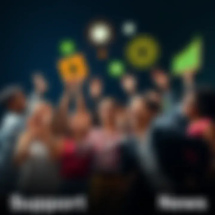 A group of diverse people enthusiastically sharing a code for mutual support, with symbols of collaboration and growth around them.
