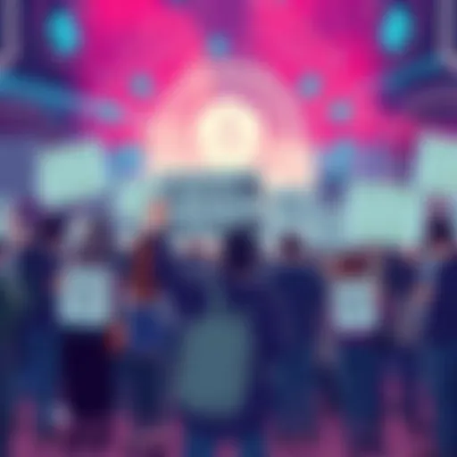 A group of people holding signs advocating for privacy and support for the Session messaging platform, with digital symbols in the background representing decentralized communication.