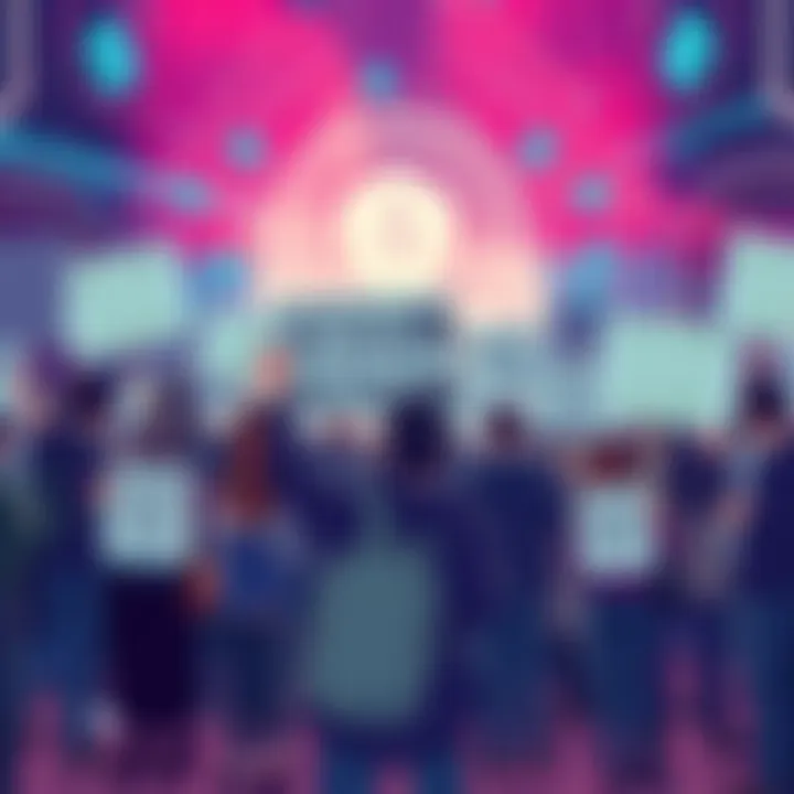 A group of people holding signs advocating for privacy and support for the Session messaging platform, with digital symbols in the background representing decentralized communication.