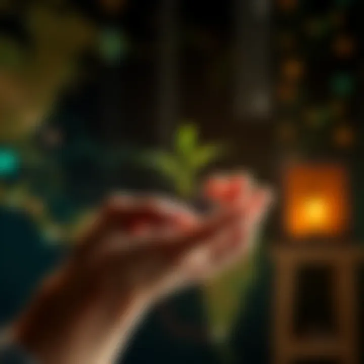 A graphic showing a hand holding a seedling representing support and growth for builders on Algorand with a background of digital elements.