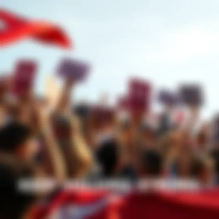 Supporters Rallying Together A diverse group of supporters holding signs and banners, cheering with enthusiasm for a common cause, showcasing determination and unity.