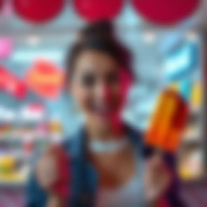 A woman looks surprised as she sees a colorful popsicle, reacting with delight, holding it in her hand.