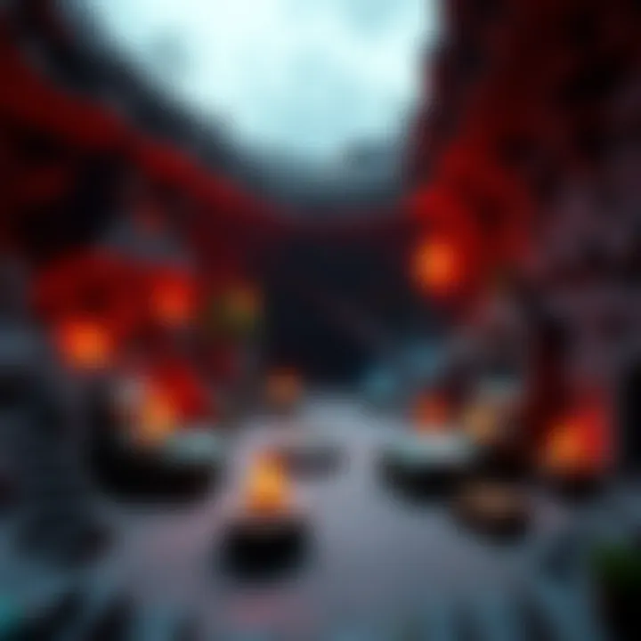 An overview of a creative survival world featuring an underground structure and a vibrant village setup