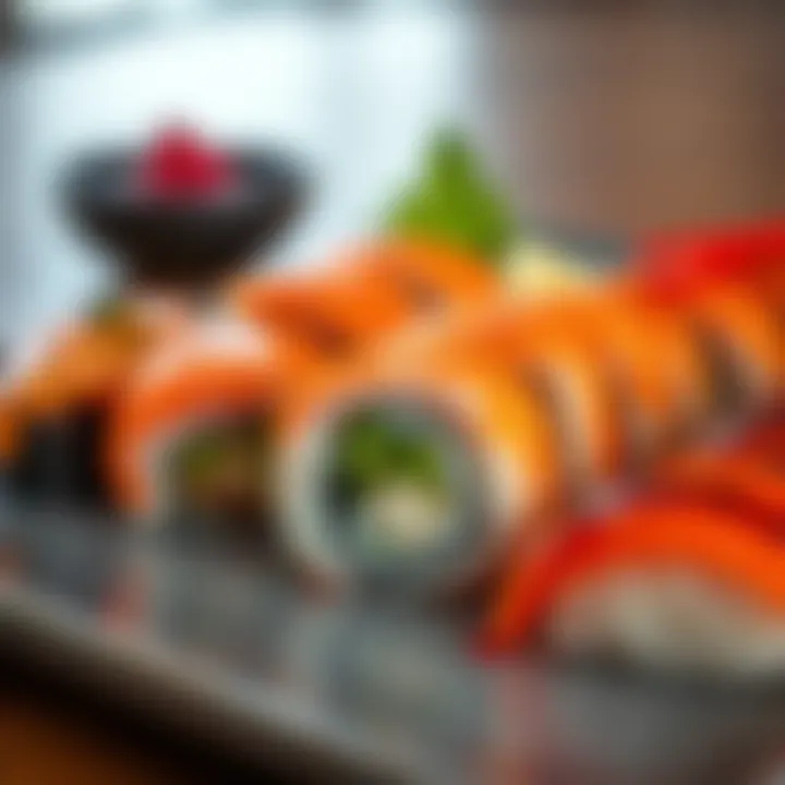 A close-up of fresh sushi rolls arranged on a plate, perfect for a post-gym meal