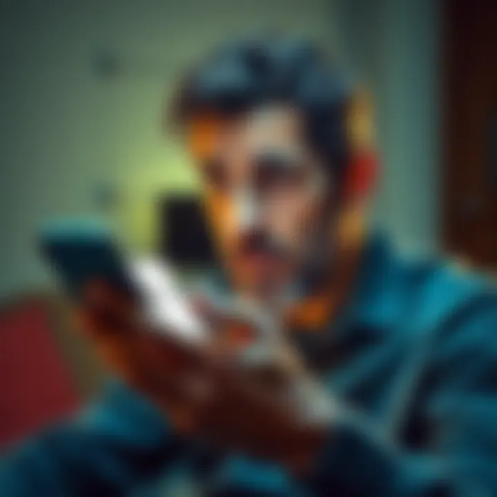 A frustrated father looking at his smartphone with a Revolut notification about account suspension, with a worried expression as he thinks about his children's college funds.